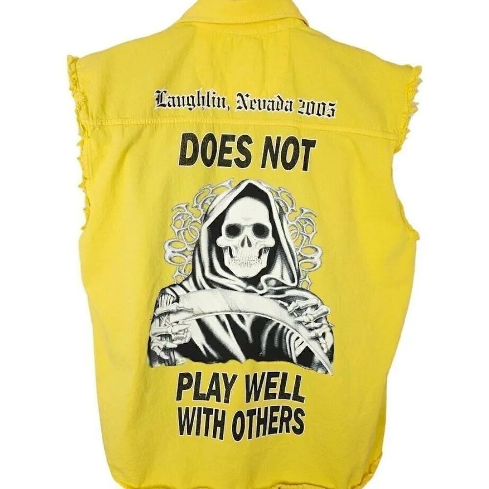 Grim Reaper Biker Shirt Mens Size XL Vintage Y2K Laughlin Nevada Skull Skeleton